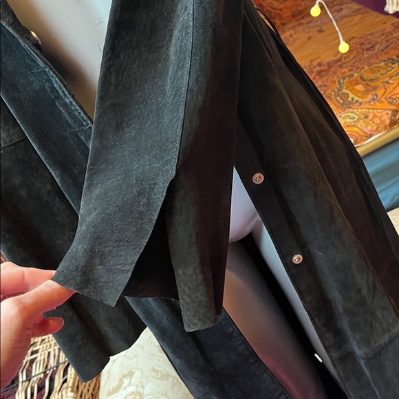 Vintage 90s Goth black suede leather maxi duster trench coat jacket - Picture 3 of 7